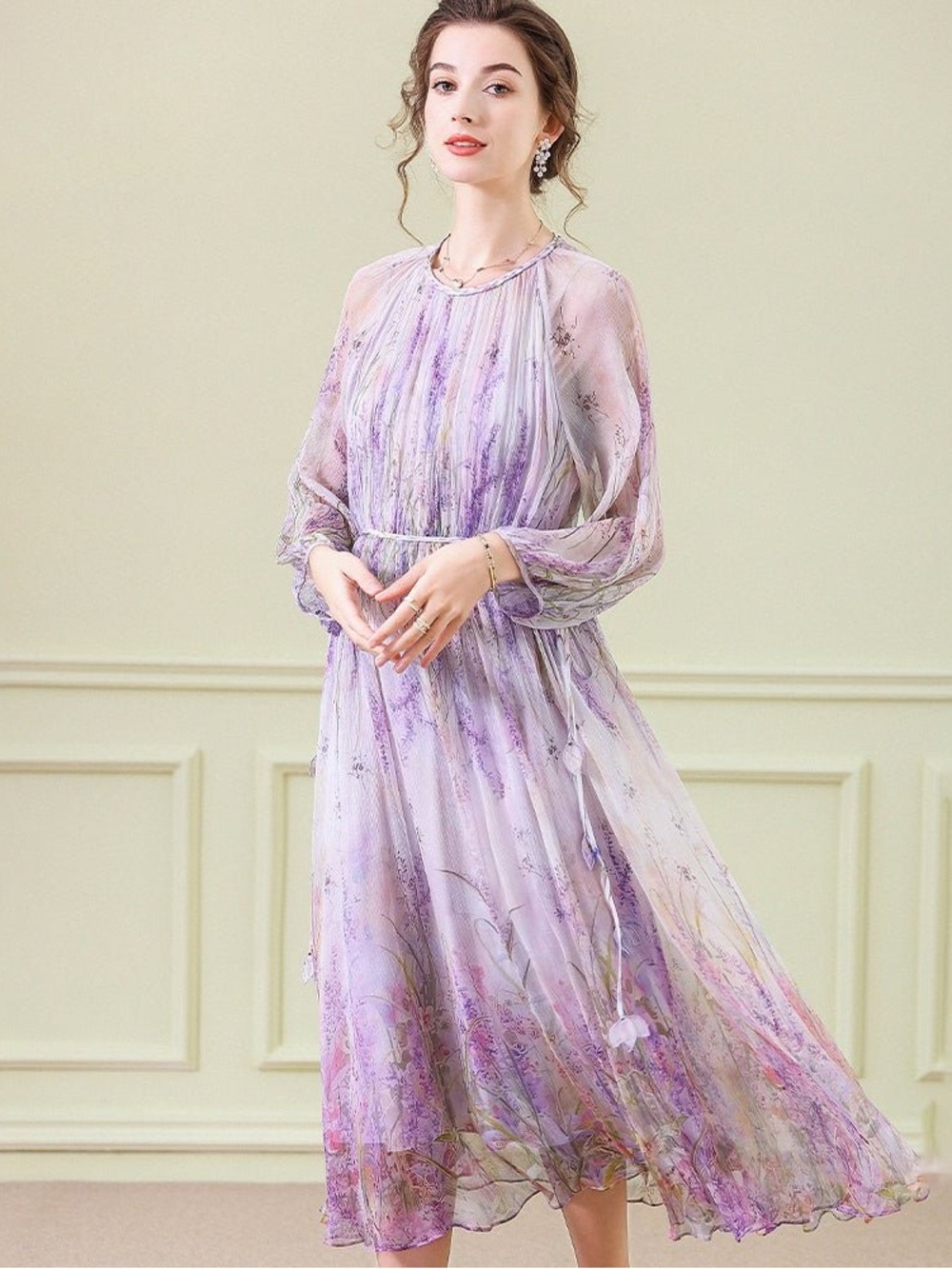 SLIPINTOSOFT Floral Silk Midi Dress w/ Sheer Long Sleeves in Pink - M